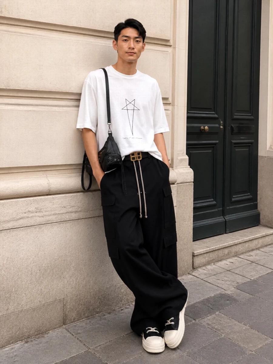 Rick owens longline tee wide cargo pants outfit