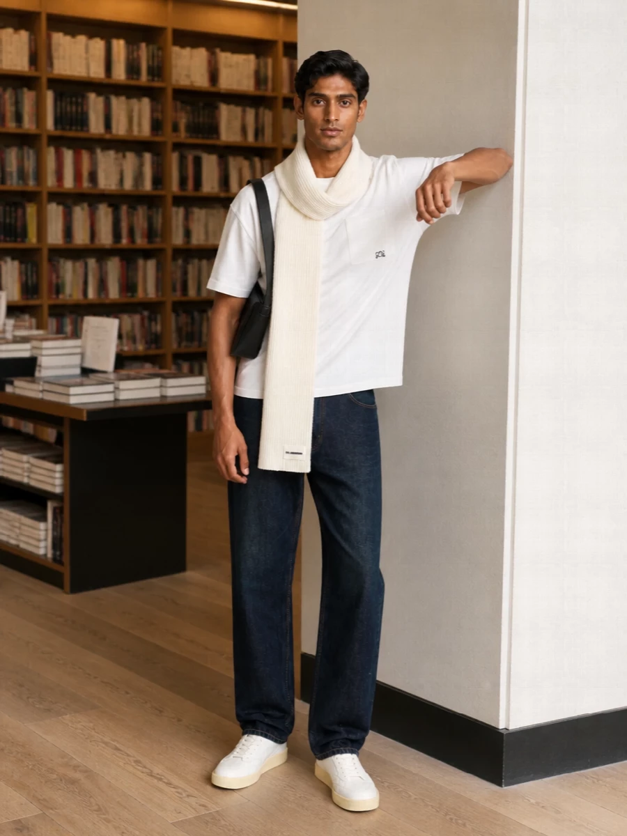 Loewe white tshirt dark indigo jeans outfit