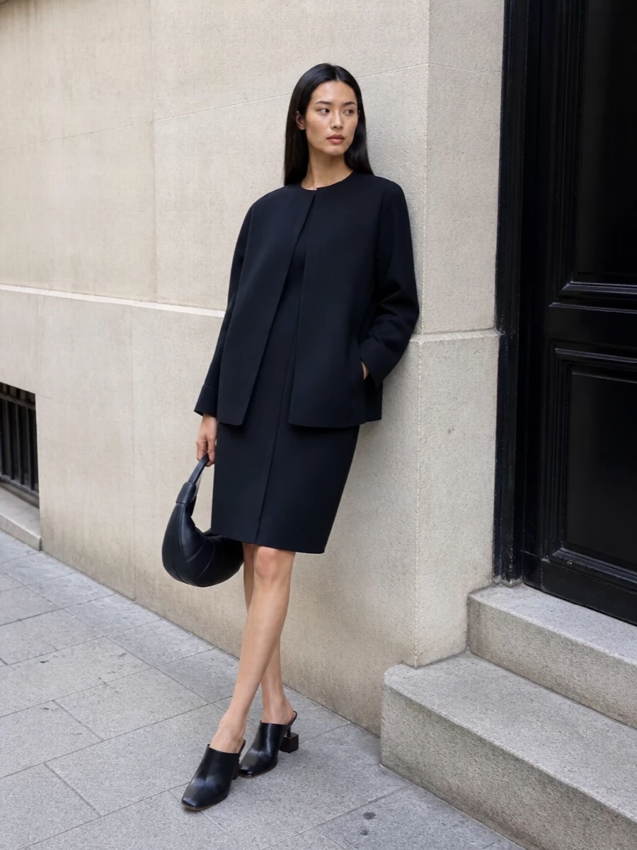 Jacquemus navy sheath dress cocoon jacket outfit