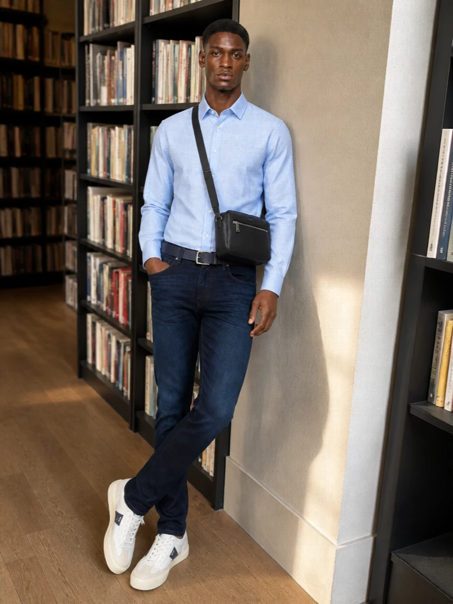 Boss light blue shirt dark jeans smart casual