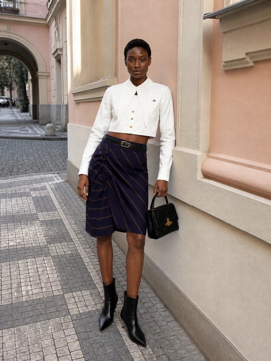 Vivienne westwood pinstripe skirt ankle boots outfit