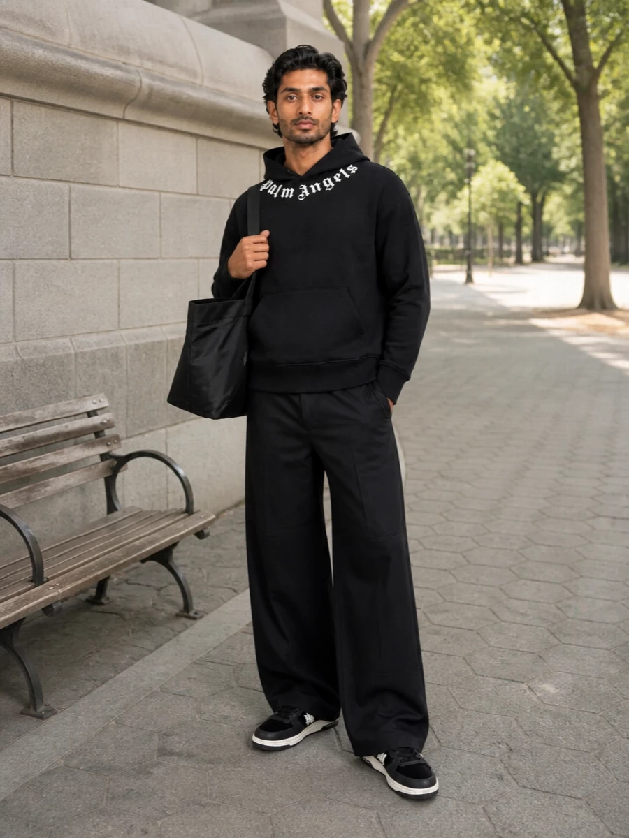 Palm angels hoodie wide leg trousers sneakers