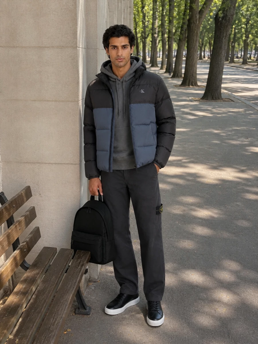 Calvin klein puffer stone island chinos outfit