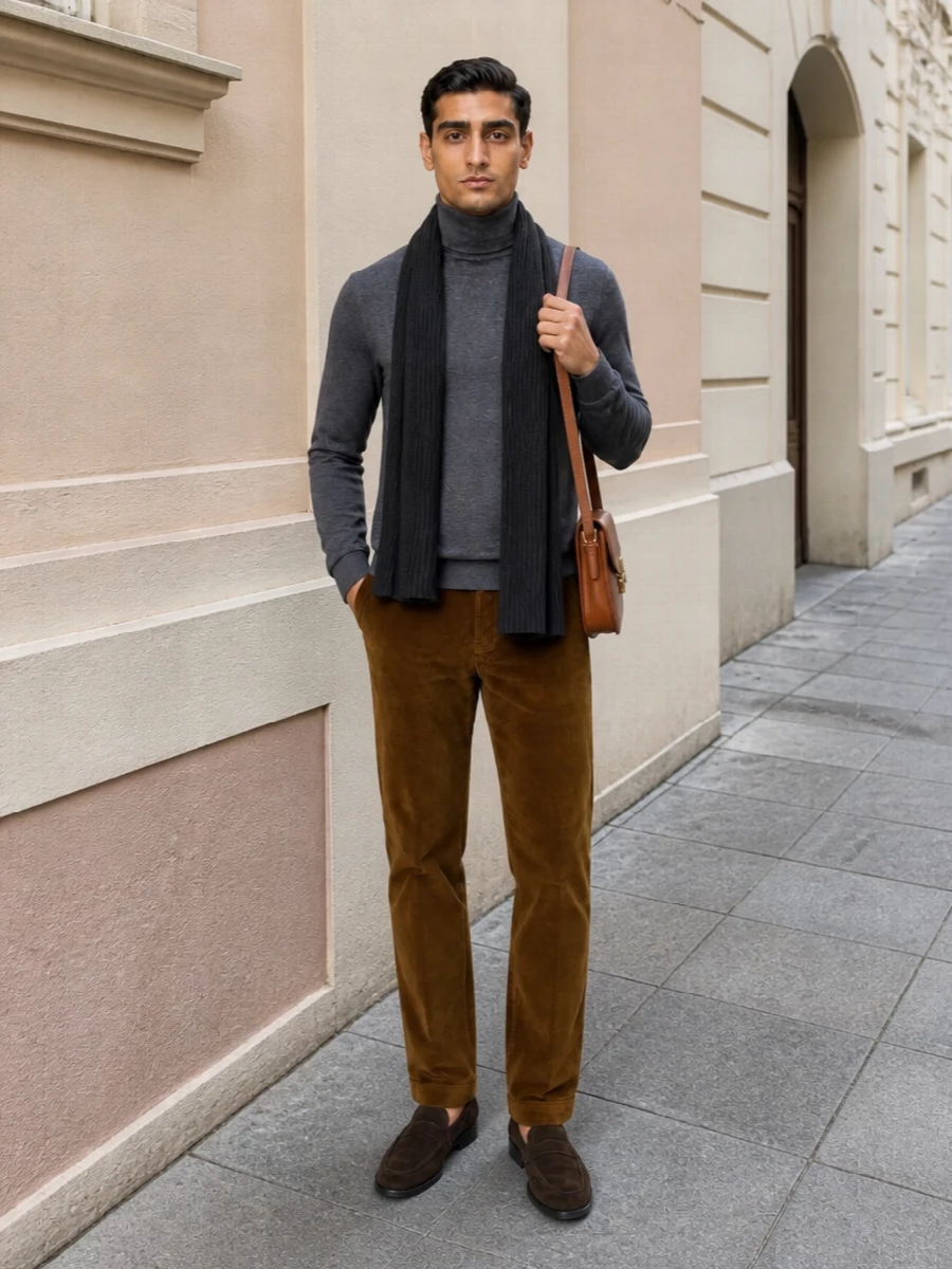 Charcoal, caramel and deep brown come together in a quietly considered mix of textures, from fine knit through plush cord to soft suede. The straight-leg trouser sharpens the easy turtleneck, while the loafers and structured cognac bag keep the mood relaxed but undeniably polished for city days and dinner dates alike.