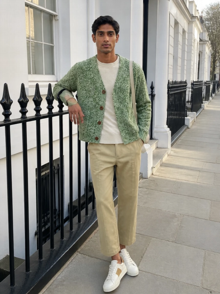 Sefr cardigan barena trousers sneaker outfit