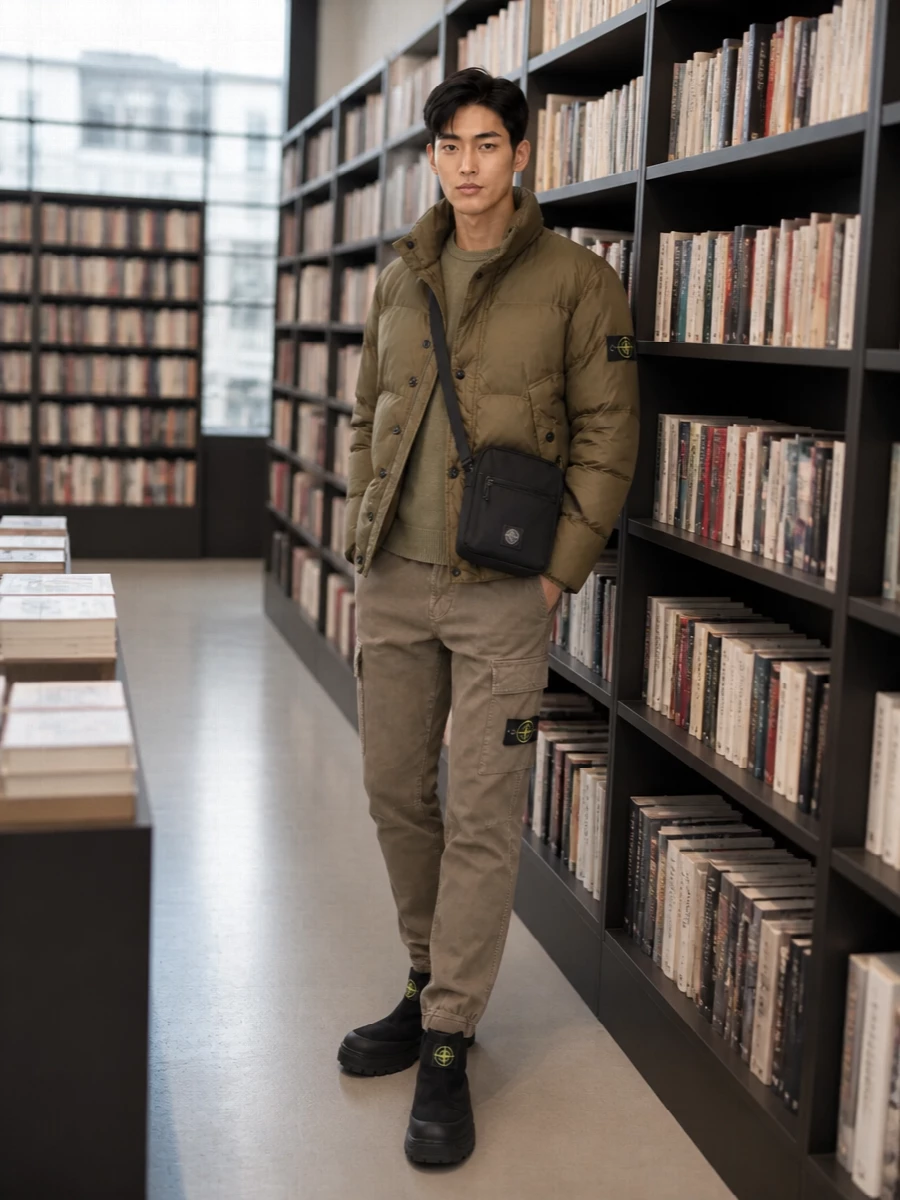 Stone island khaki puffer cargo jogger outfit