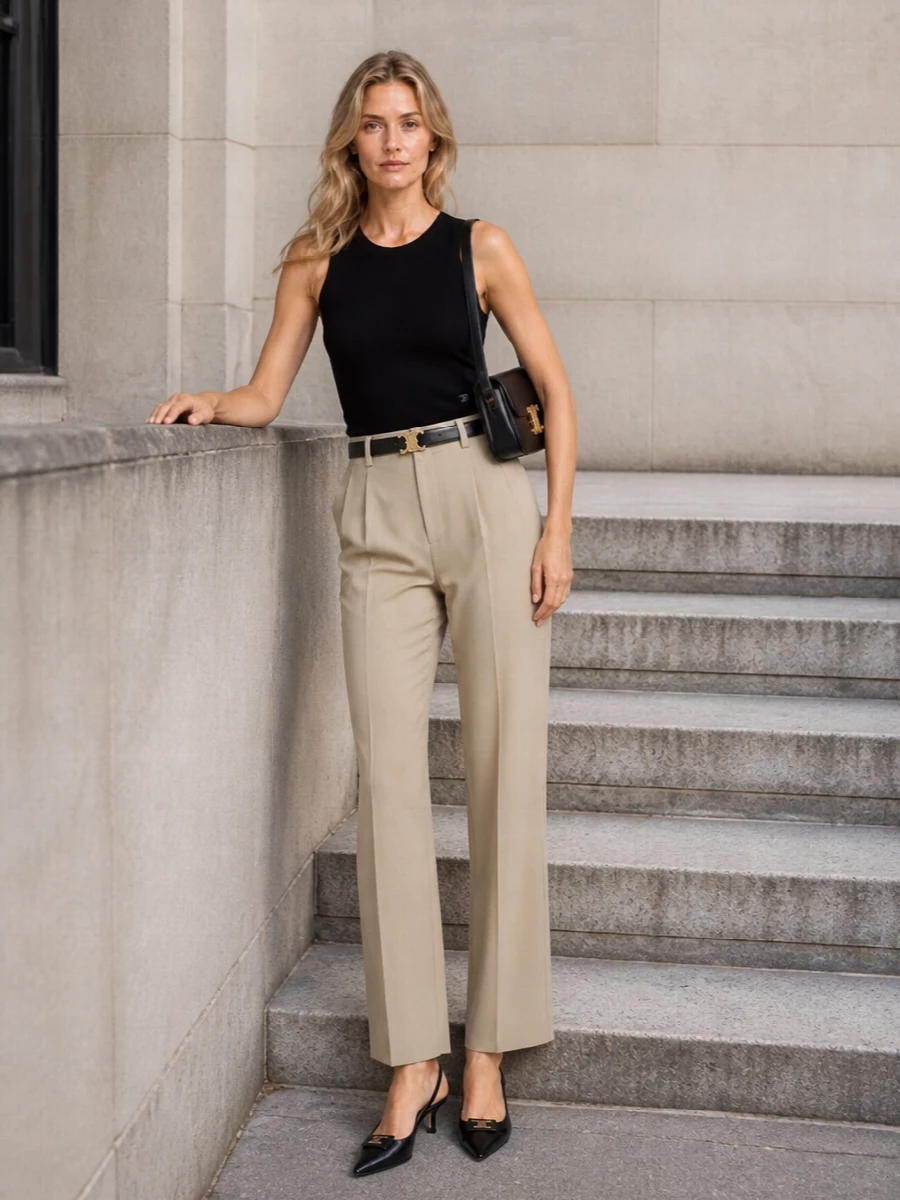 Celine black tank beige tailored trousers outfit