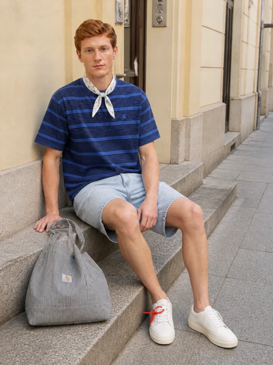 Carhartt striped tee denim shorts off white sneakers
