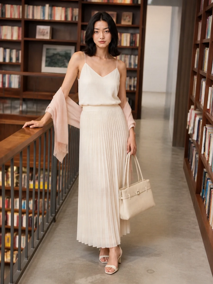 A feather-light ivory camisole and the pleated maxi skirt form a single, elongated column in soft neutrals that feels quietly refined for warm days and summer evenings. The cream ankle-strap sandal adds poised height without breaking the palette, while the buttercream shoulder bag brings just enough structure to keep the mood polished rather than floaty. The blush stole is a gentle wash of color you can slip on or off to suit the moment.