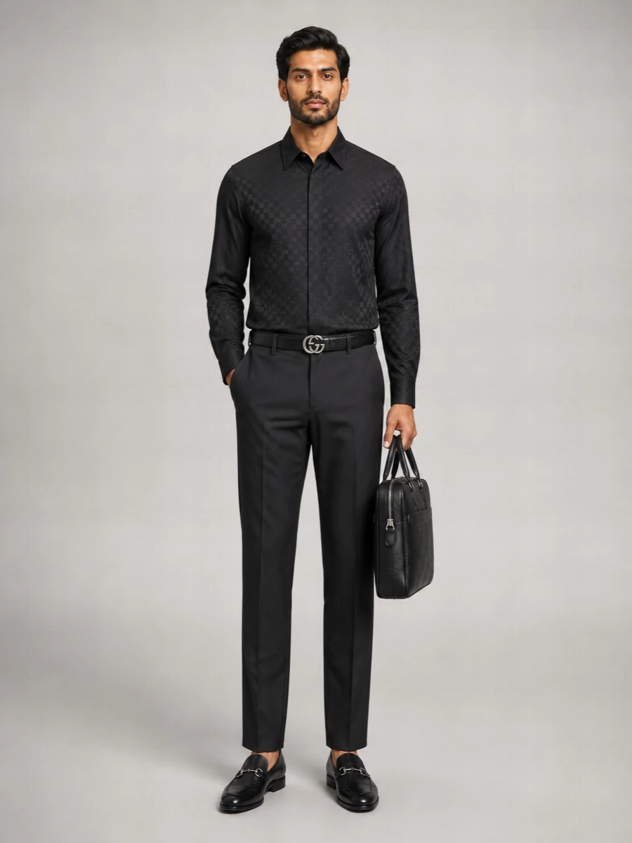 Gucci’s textured black shirt meets deep charcoal tailoring for a quietly precise take on office-to-evening dressing. The straight leg and low-profile horsebit loafer keep the line clean, with silver belt and briefcase hardware adding a measured hit of polish. It is a restrained, monochrome palette that feels rich through texture and proportion rather than overt branding.