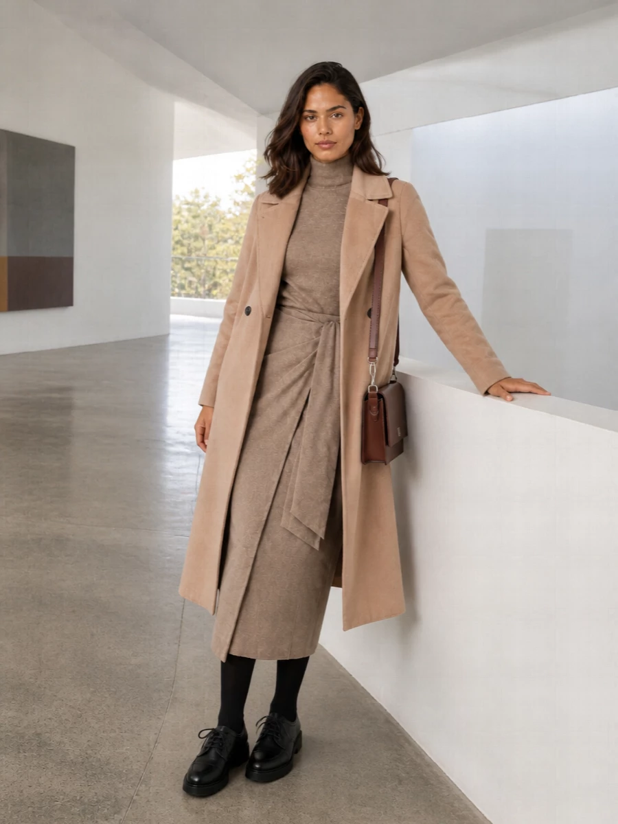 I chose the dress route, letting a single knit column run under the wrap coat for a clean, vertical line instead of breaking it up with a top and trouser. The taupe wrap dress and camel coat sit in the same soft-neutral family, while black derbies and a chocolate shoulder bag sharpen the mood just enough for a quietly confident city day. It is an easy desk-to-dinner combination that feels composed without tipping into strict business tailoring.