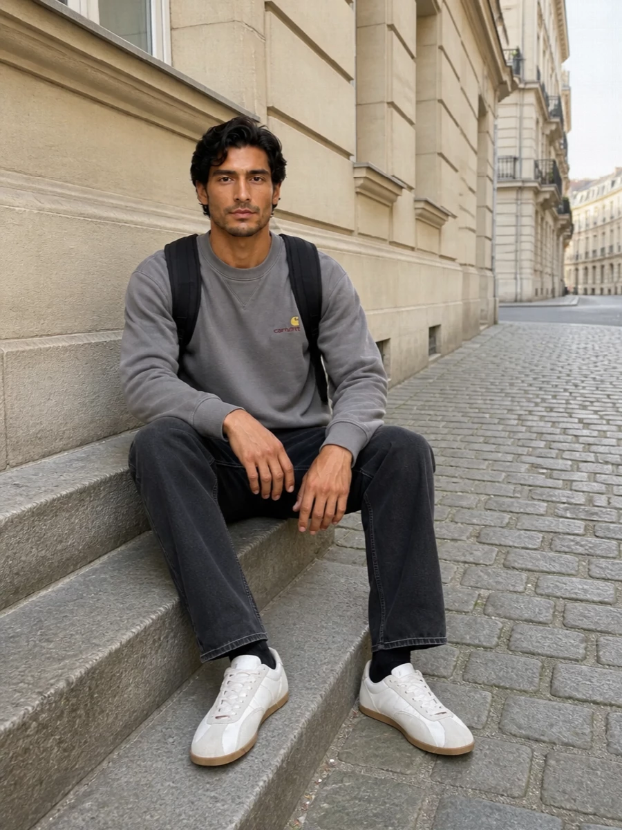 Carhartt grey sweatshirt charcoal pants trainers
