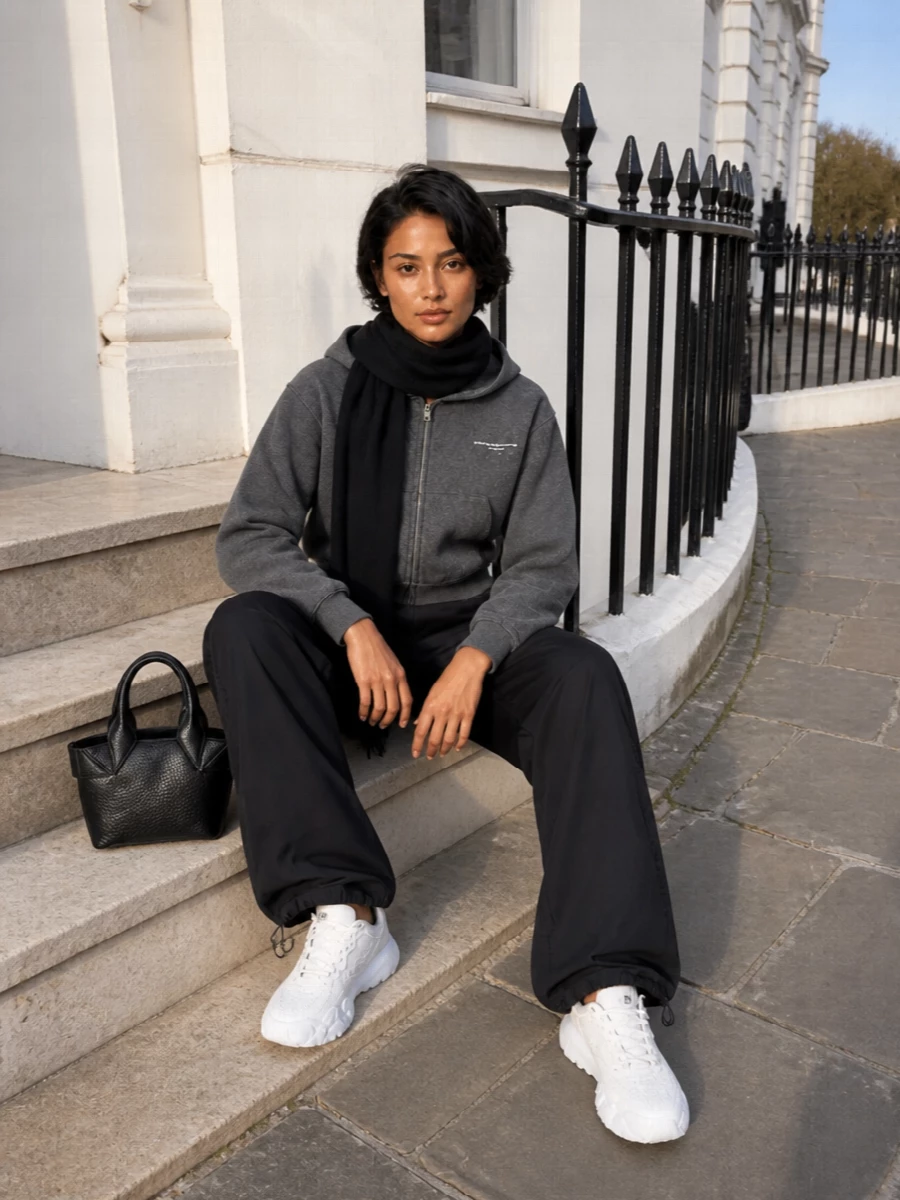 Alexander wang hoodie wide leg track pants outfit