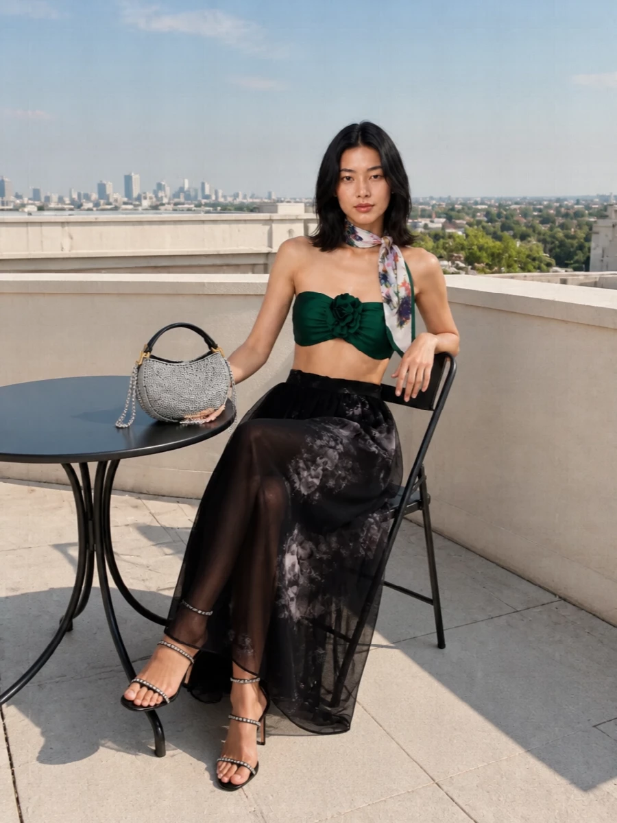 Zimmermann emerald bandeau black chiffon maxi skirt