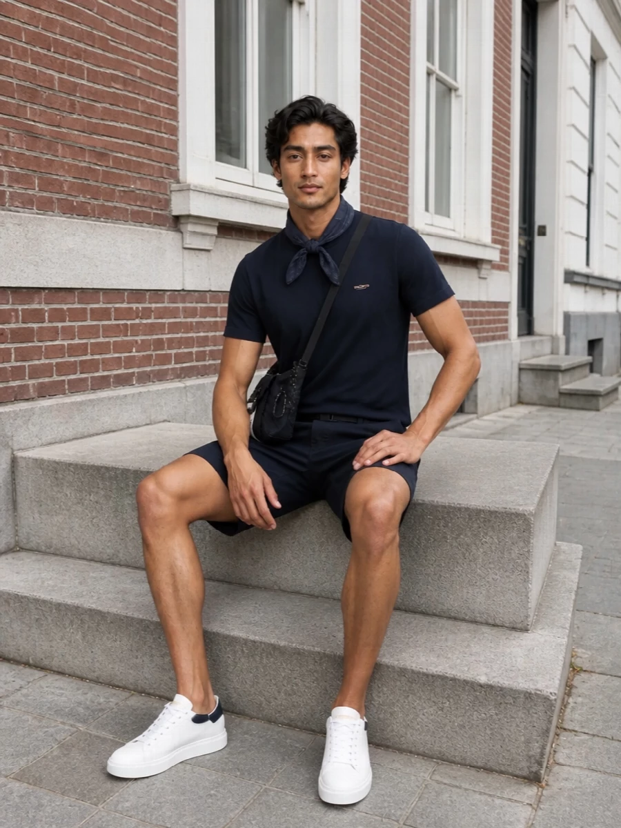 A clean navy story built around the Woolrich tee, paired with technical deck shorts for a sharper take on casual summer dressing. White leather court sneakers break the blue with a crisp, athletic note while echoing the tee’s logo. The compact crossbody and optional scarf keep it city-ready, practical and quietly considered from daytime errands to relaxed dinners outdoors.