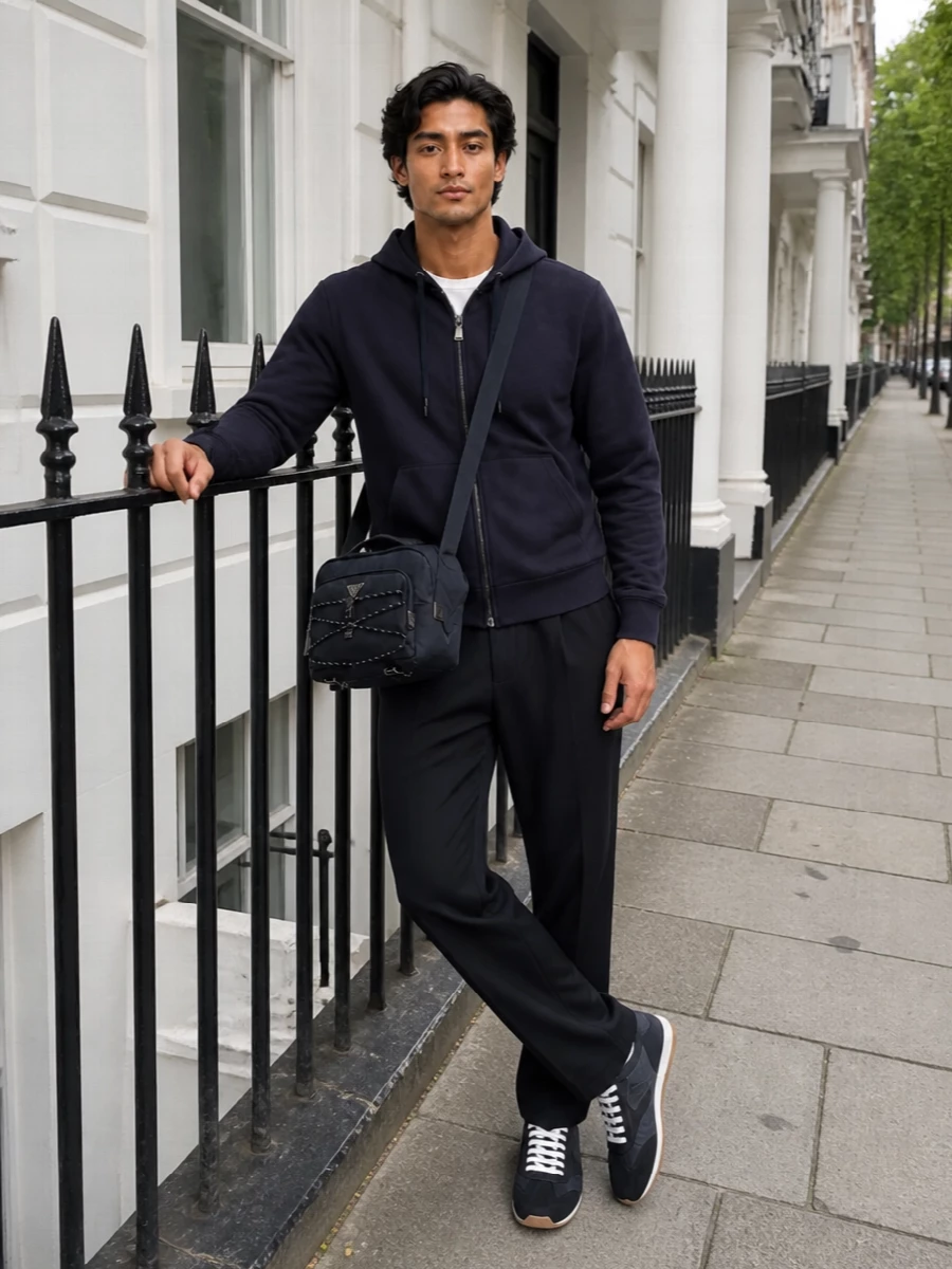 A navy-on-navy base keeps this hoodie and trouser combination calm and precise, with the relaxed straight leg giving just enough ease without losing structure. The slim Prada runners echo the technical mood while staying visually light, and the inky crossbody adds a functional, city-ready finish that feels intentional rather than sporty for its own sake.
