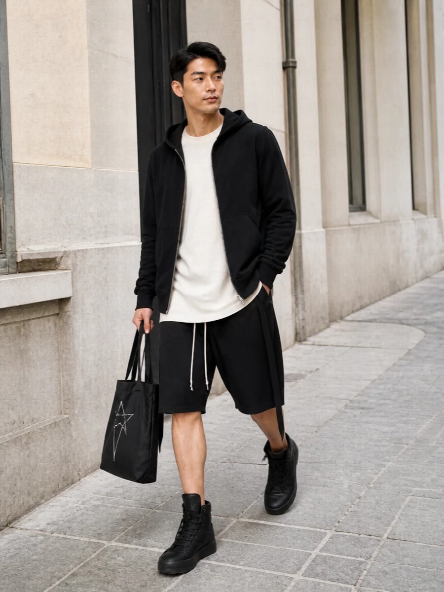 Rick owens drkshdw hoodie drop crotch shorts outfit