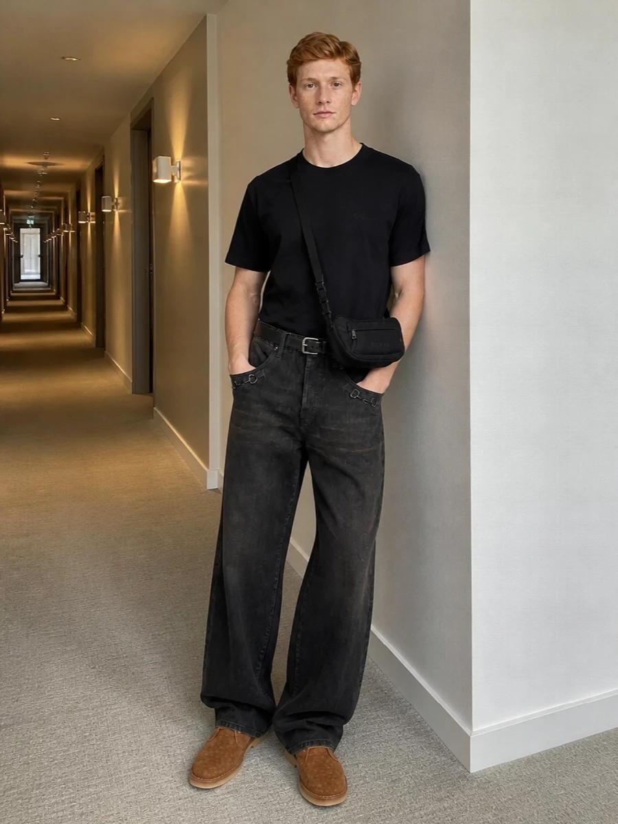 Gucci wide leg jeans black tee desert boots