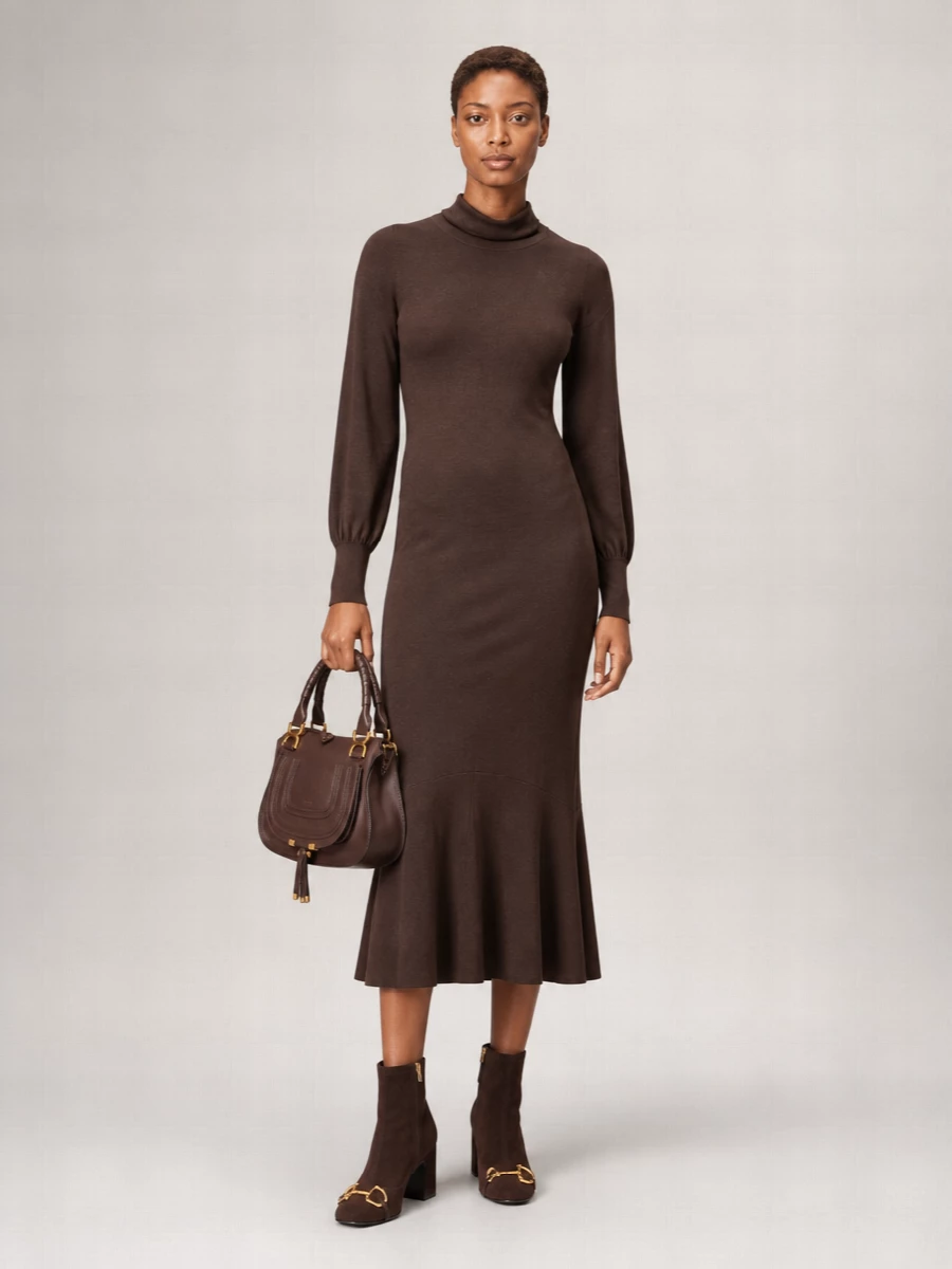 A deep chocolate knit dress and the Chloé satchel create a rich, column silhouette that feels soft, sensual and quietly boho. The ribbing and subtle flare keep it relaxed rather than bodycon, while the ankle boots bring just enough structure and equestrian detail. This is an easy day-to-dinner ensemble where texture and warm browns do the work instead of loud branding.
