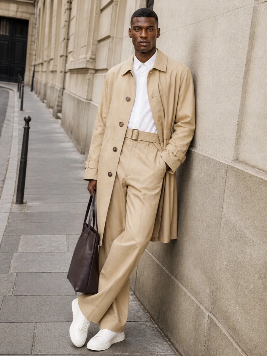 This look is a refined SS city uniform built around a long stone Burberry trench, a razor-sharp white shirt, and light-beige wide-leg trousers for a clean, elongated silhouette. White leather sneakers keep it modern and relaxed, while the structured dark-brown tote adds depth and polish, delivering a cohesive quiet-luxury ensemble that feels effortless yet considered.