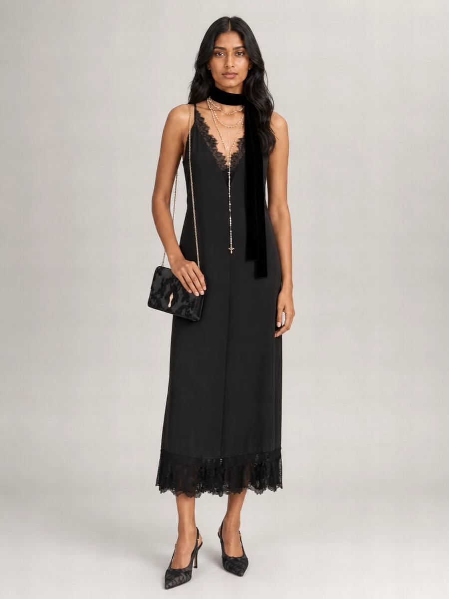 Ganni Satin Lace-Trimmed V-Neck Sleeveless Maxi Nightdress