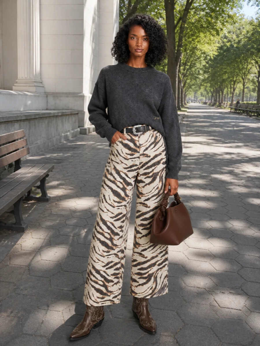 Ganni tiger trousers charcoal knit western boots