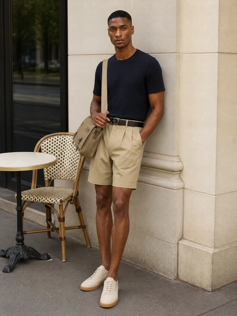 Giorgio armani sand shorts navy tee outfit