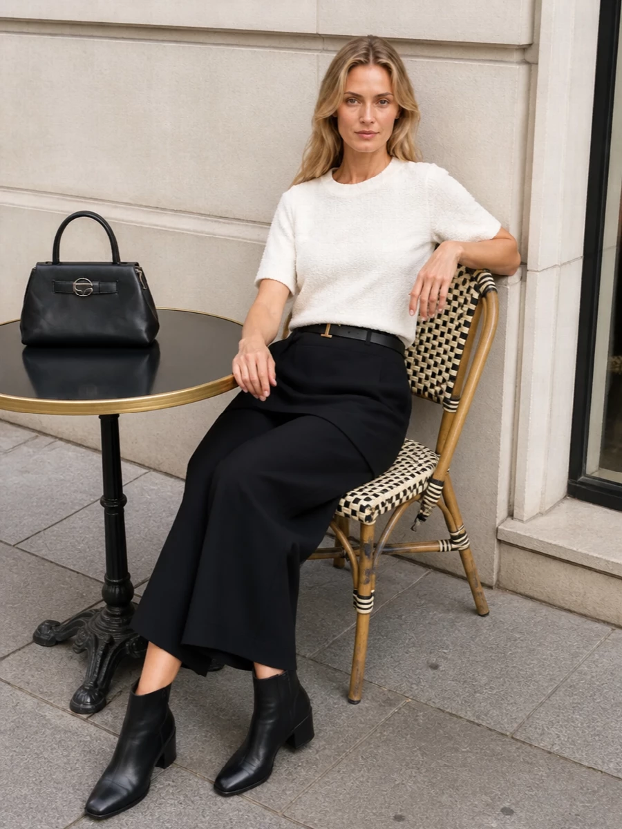 Soft white on top and sculptural black below creates a clean, graphic mood that feels restrained yet distinctly modern. The asymmetric cropped wide leg and square-toe ankle boots play with proportion in a precise way, while the structured trapeze bag and slim belt keep everything sharply pulled together. It is an easy uniform for artful city days that quietly transitions into low-key dinners.
