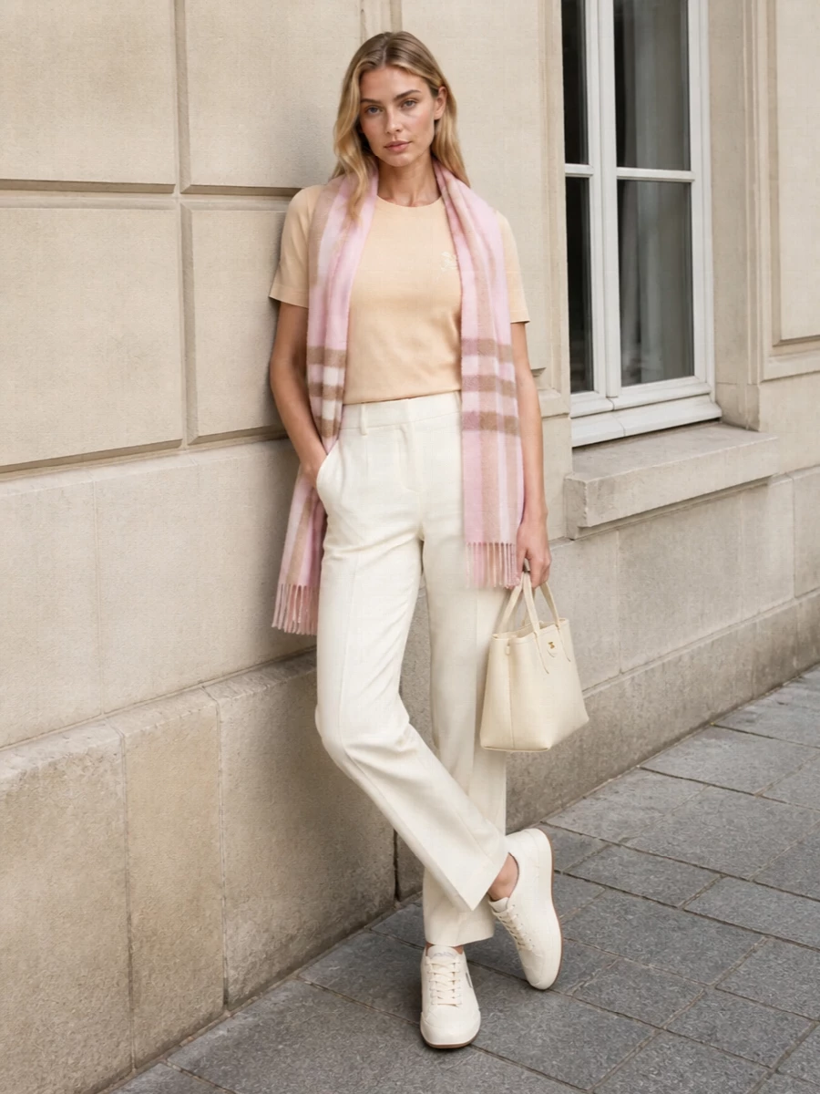 This look leans into a tonal, light-neutral story: the soft beige tee and ivory straight-leg trousers create a clean, elongated line that feels both relaxed and refined. Ivory sneakers keep the mood polished yet easy, while the buttercream structured tote and gauzy blush-check scarf add quiet texture and a romantic, Burberry-heritage touch without disturbing the minimalist calm.