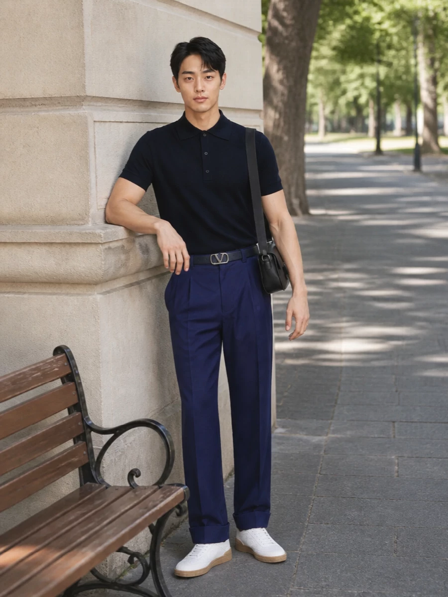 Valentino navy polo pleated trousers white sneakers