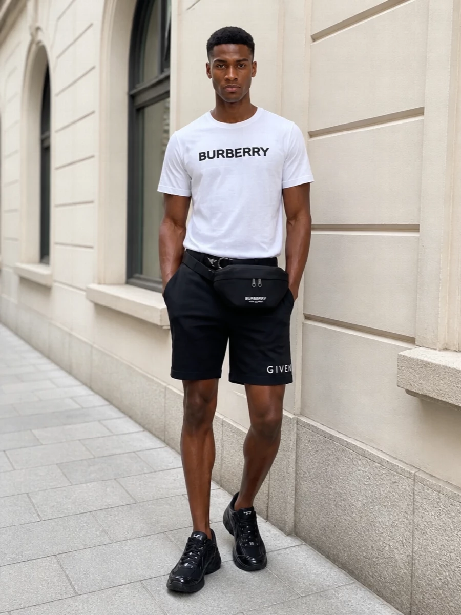 Givenchy black shorts burberry logo tee outfit