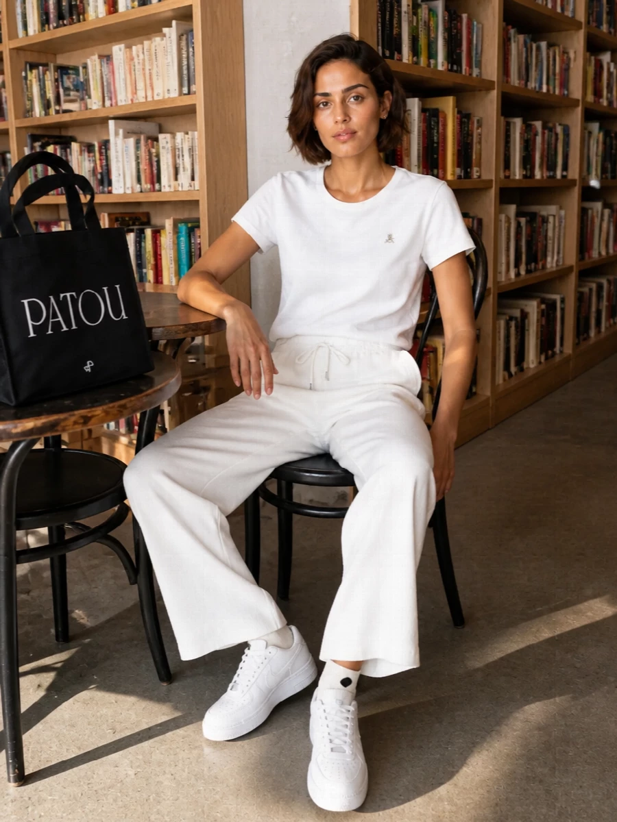 A crisp white-on-white base keeps this Parajumpers tee feeling fresh and deliberate, with fluid drawstring trousers giving relaxed movement rather than strict tailoring. All-white Nike sneakers and a structured black Patou tote sharpen the line so it reads modern city sport, not lounge. The subtle branded sock detail finishes it with just enough personality while staying firmly in a minimalist lane.