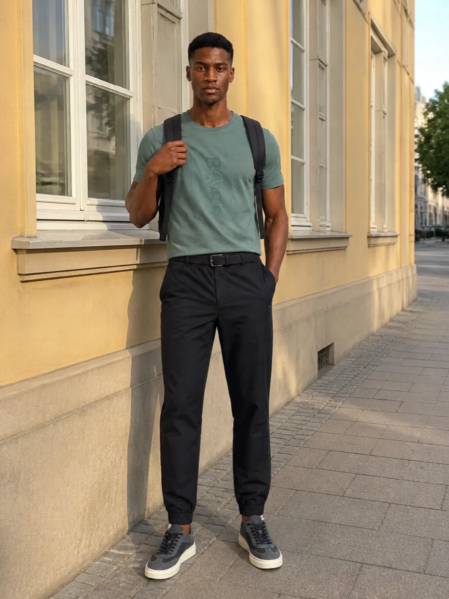 Boss sage tee black track pants outfit