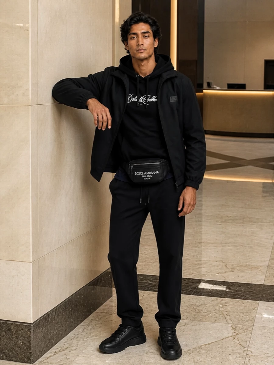 Dolce gabbana black hoodie joggers sneakers outfit
