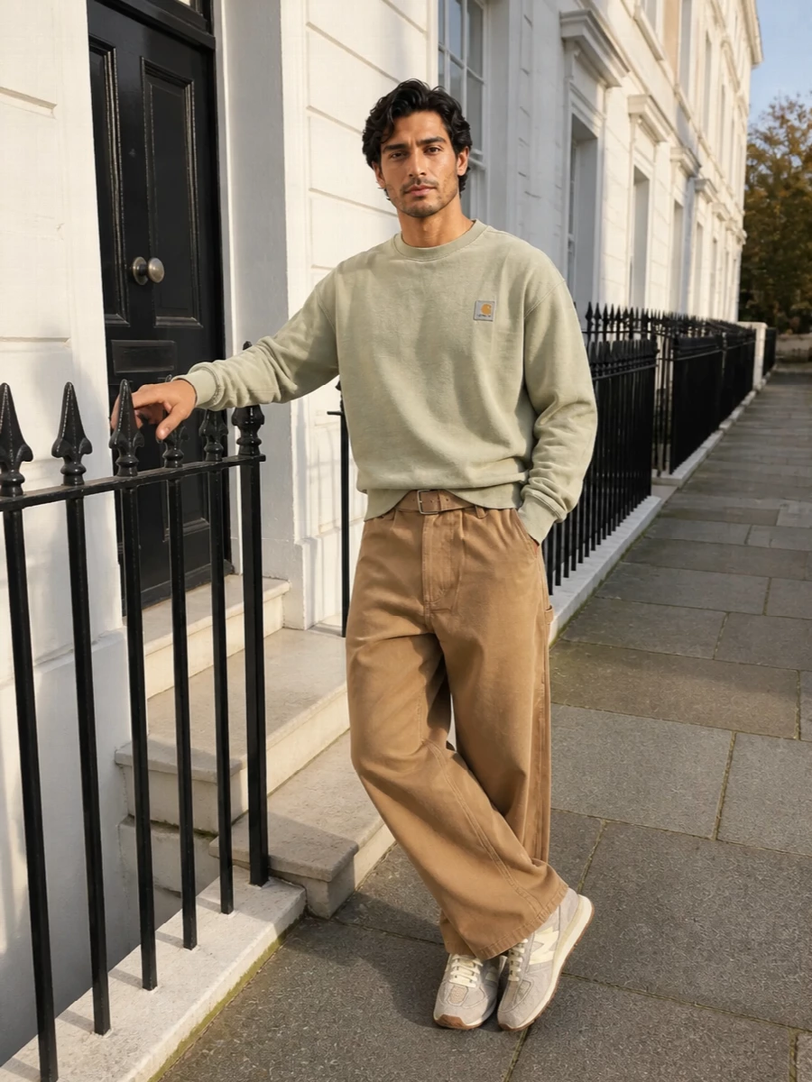 Camel wide-leg workwear meets soft, washed colour with the sage crew, keeping everything relaxed but intentional. The warm beige runners echo the trouser tone and stay light on the eye, while the stone tote and matching belt sit quietly in the same utility story. It is an easy, neutral streetwear uniform that feels considered without trying too hard.