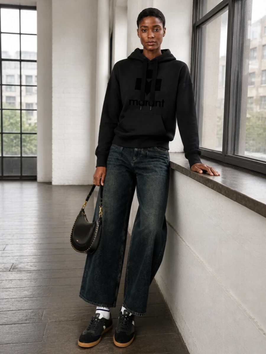 Isabel marant black hoodie wide leg jeans outfit