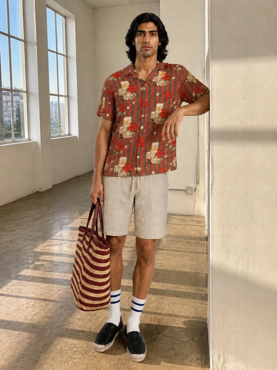 Drole de monsieur floral shirt beige shorts outfit