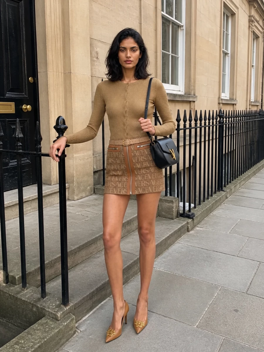 Versace camel mini skirt outfit pumps