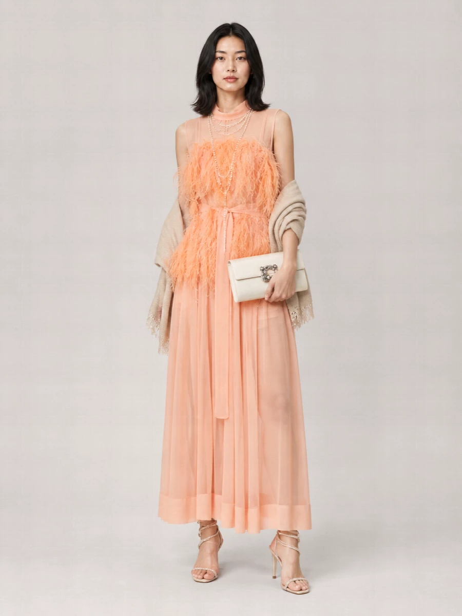 Alberta Ferretti Silk Sleeveless Feather-Embellished Chiffon Maxi Dress