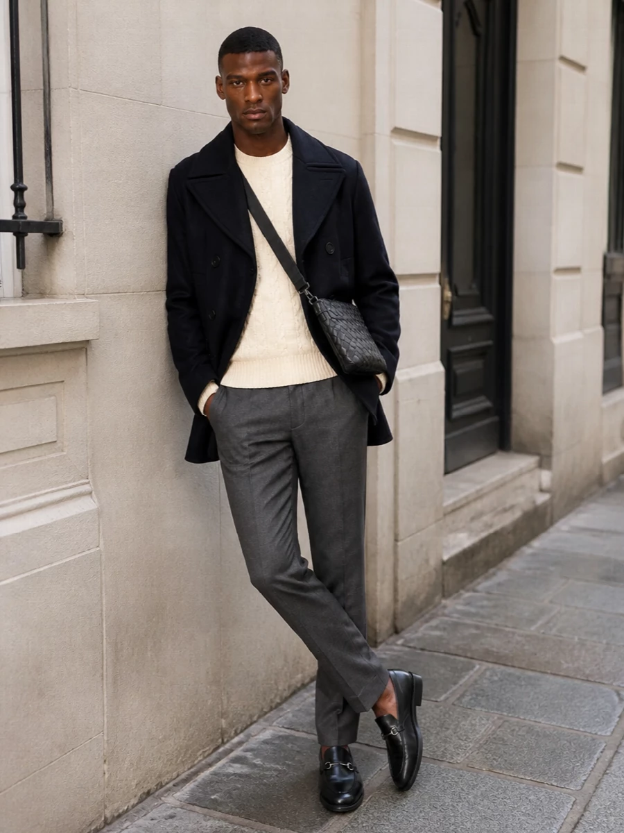 Gucci navy peacoat cable knit trousers loafers
