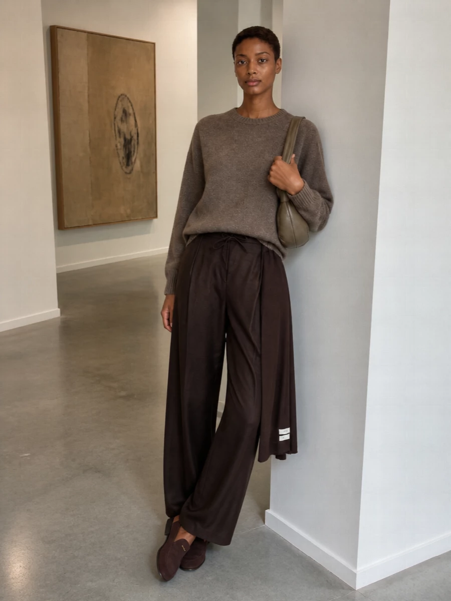 Loulou studio taupe sweater wide leg trousers