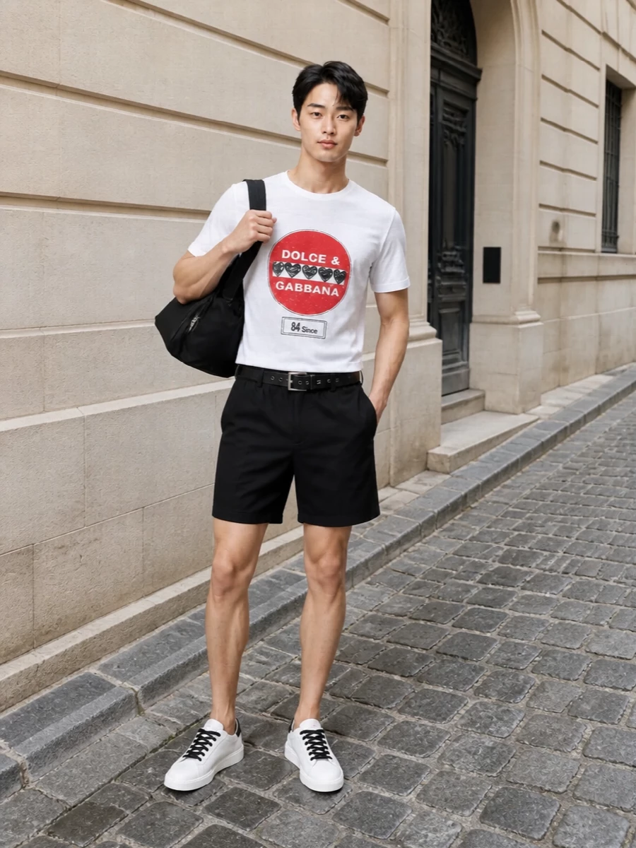 Dolce gabbana logo tee black shorts outfit
