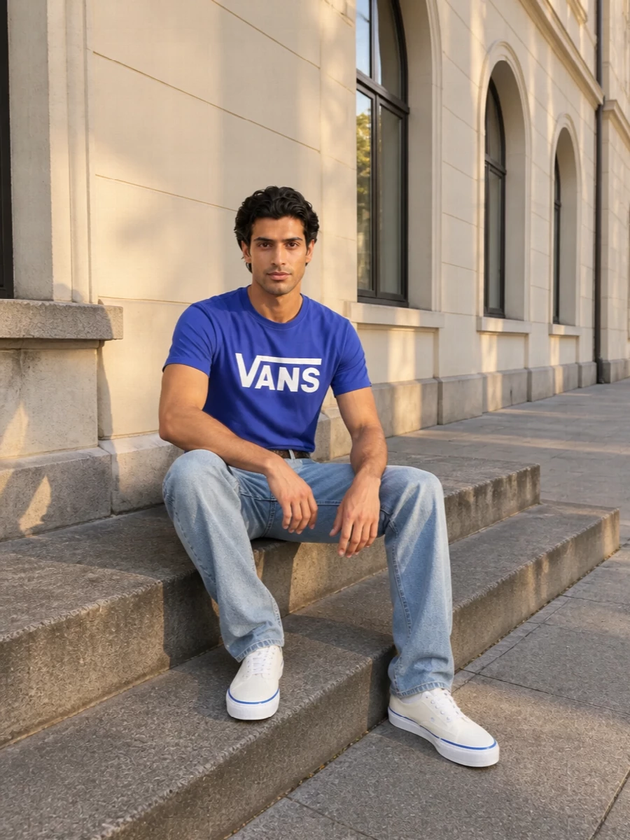 Vans cobalt tee light wash jeans outfit