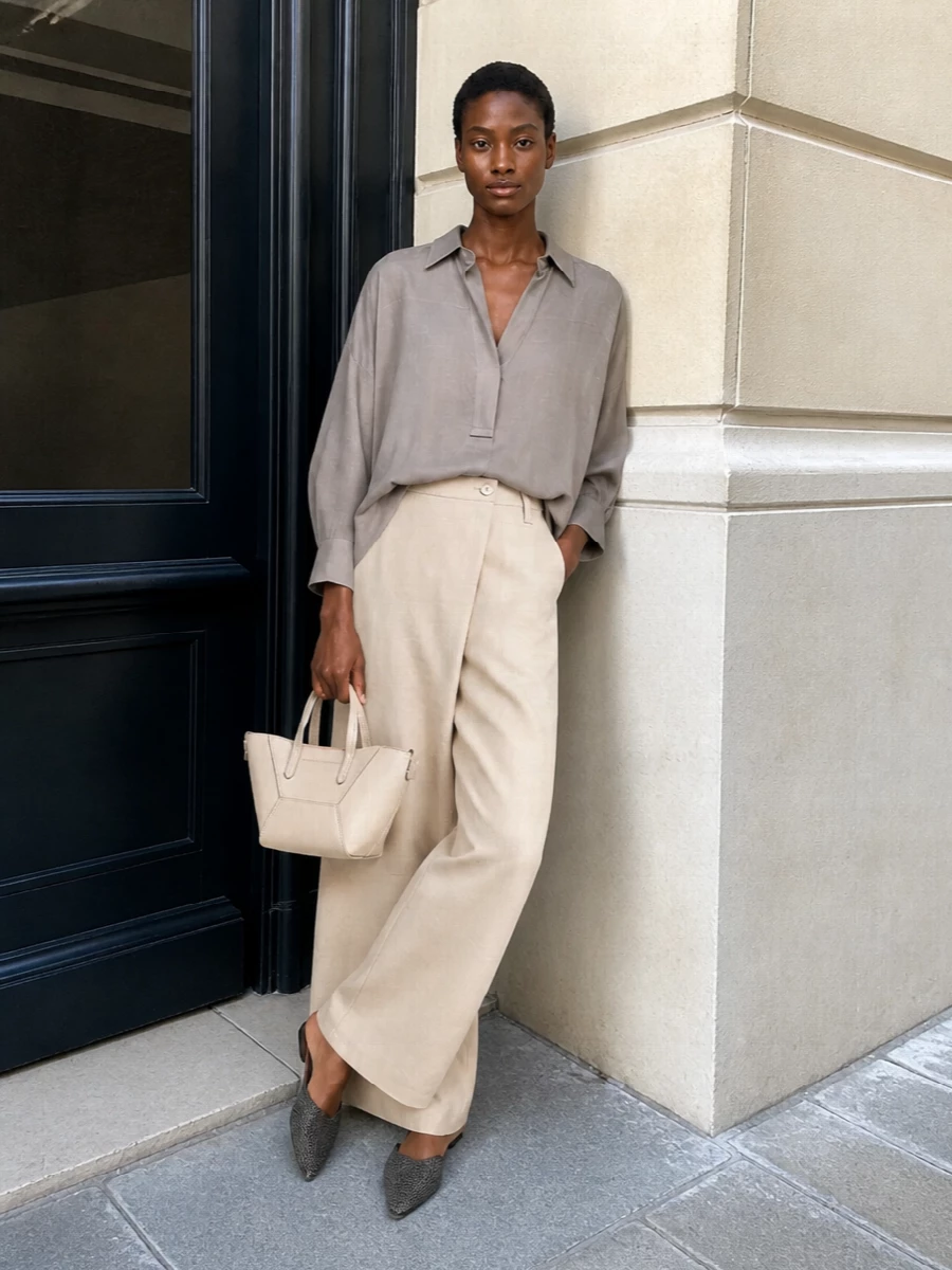A fluid taupe popover shirt falls effortlessly over light‑beige wide‑leg trousers, letting the volume skim rather than cling for an elongated, softly architectural line. Mesh pointed mules in charcoal‑taupe and a compact light‑beige tote keep the look weightless yet polished, perfect for understated summer days where every element whispers rather than shouts.