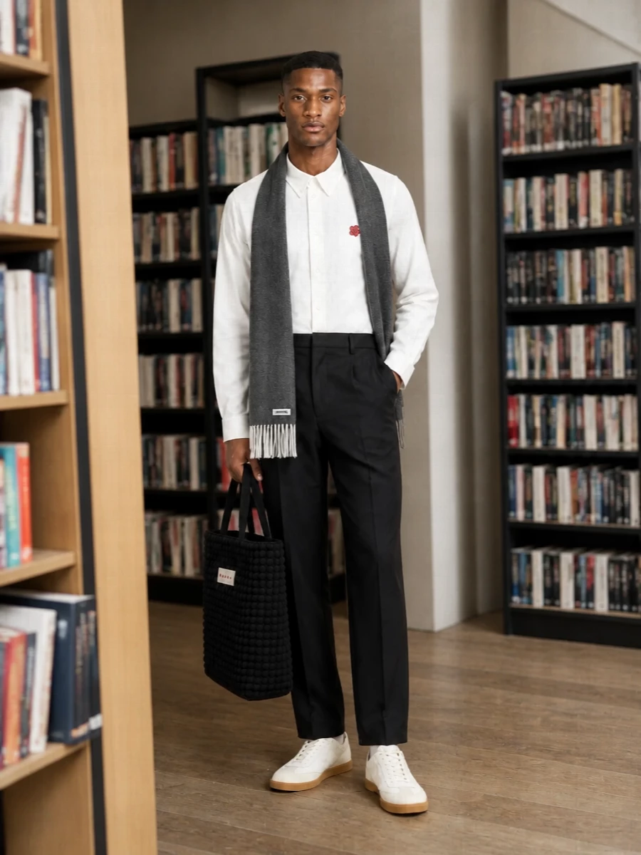 A crisp embroidered shirt meets sharp charcoal tailoring for a clean, modern take on smart casual. Off-white court sneakers and a structured monochrome tote keep the palette tight and preppy, while a soft charcoal scarf adds just enough winter texture. The result is polished without feeling stiff, ideal for city days that move between desk and dinner.