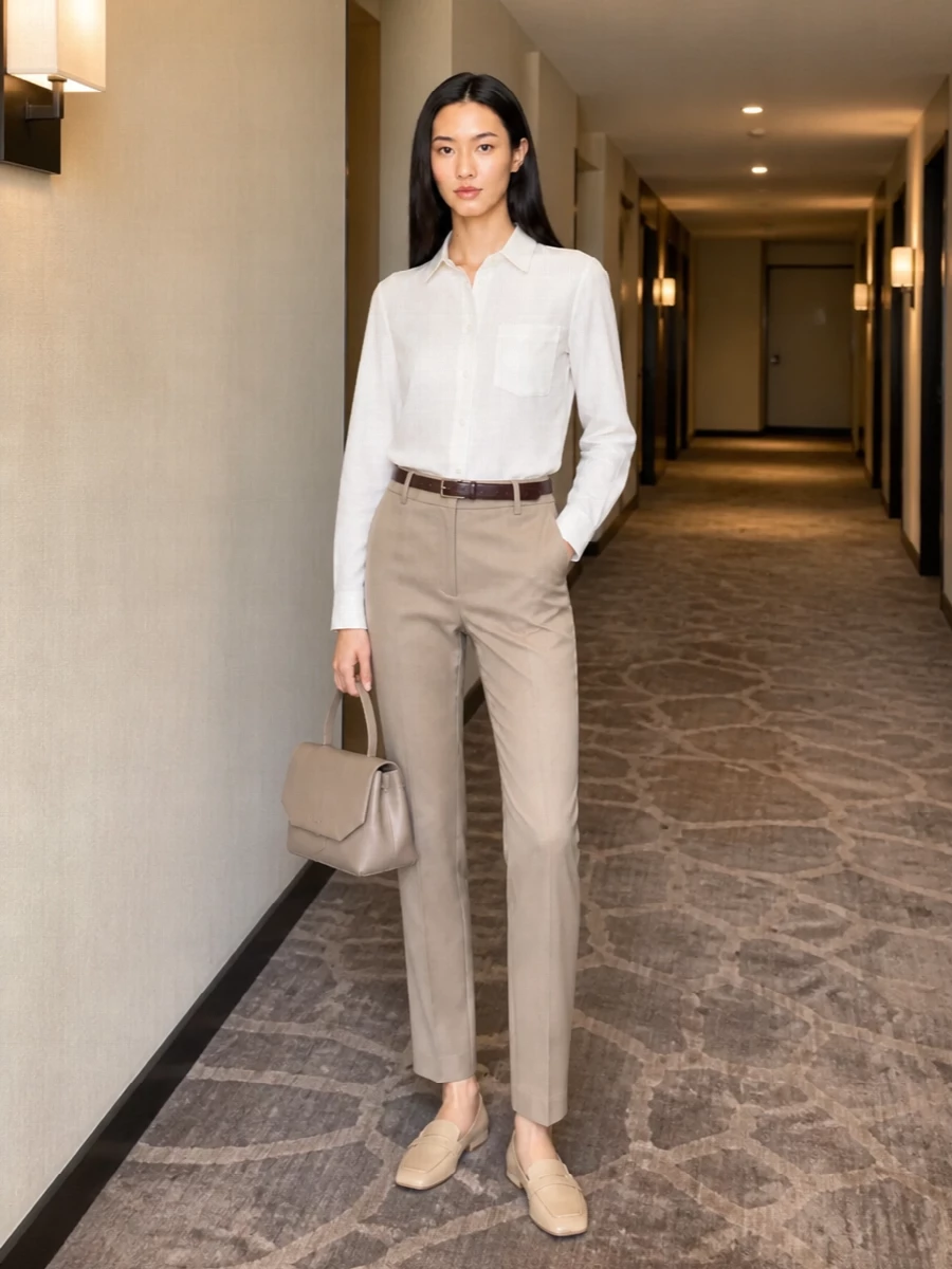 Max mara camel trousers white shirt loafers
