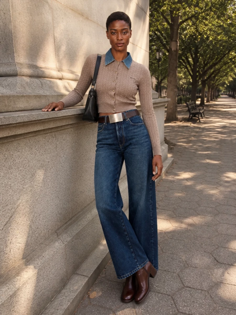 Miu miu wide leg jeans cropped cardigan boots
