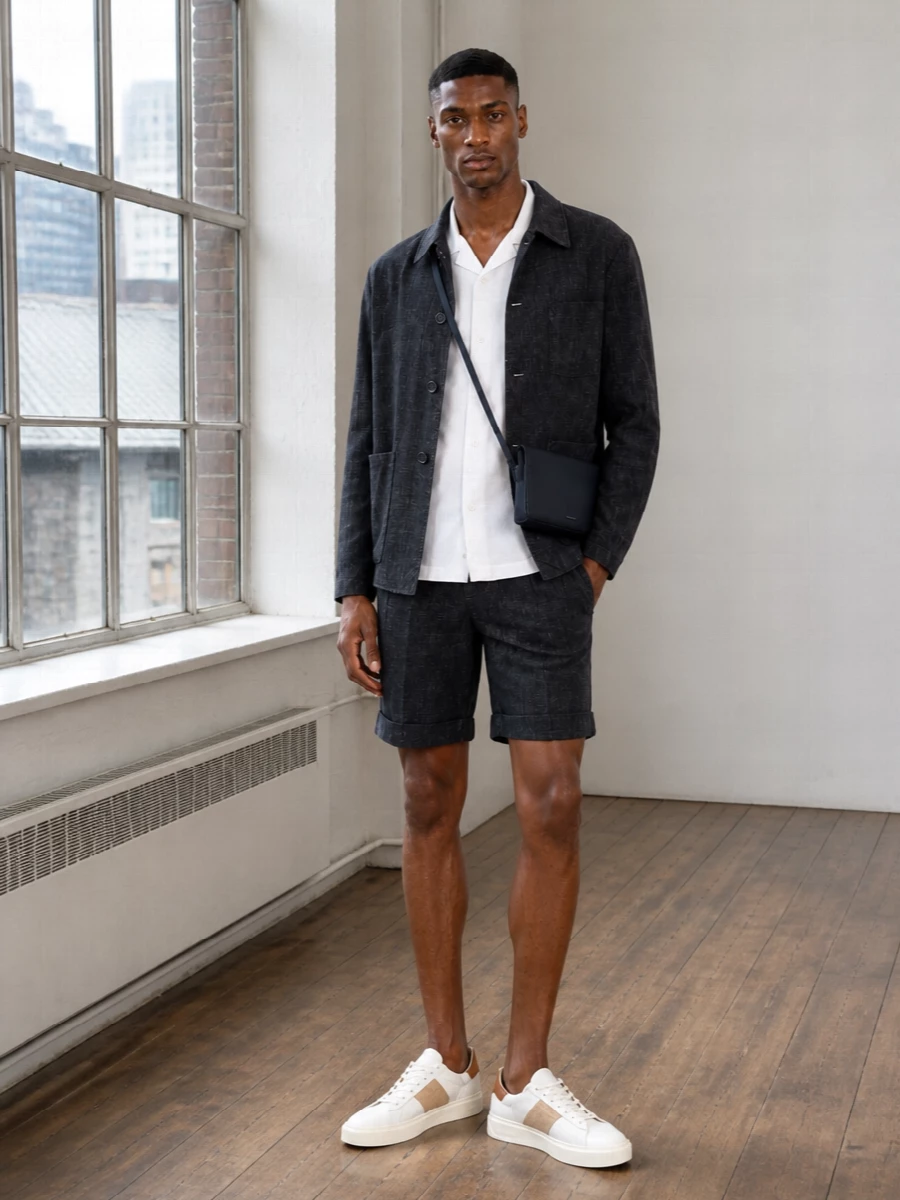 Barena charcoal short suit white camp shirt