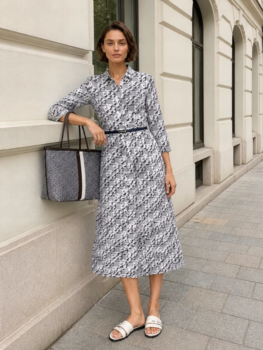 Tory burch shirt dress navy belt ivory slides