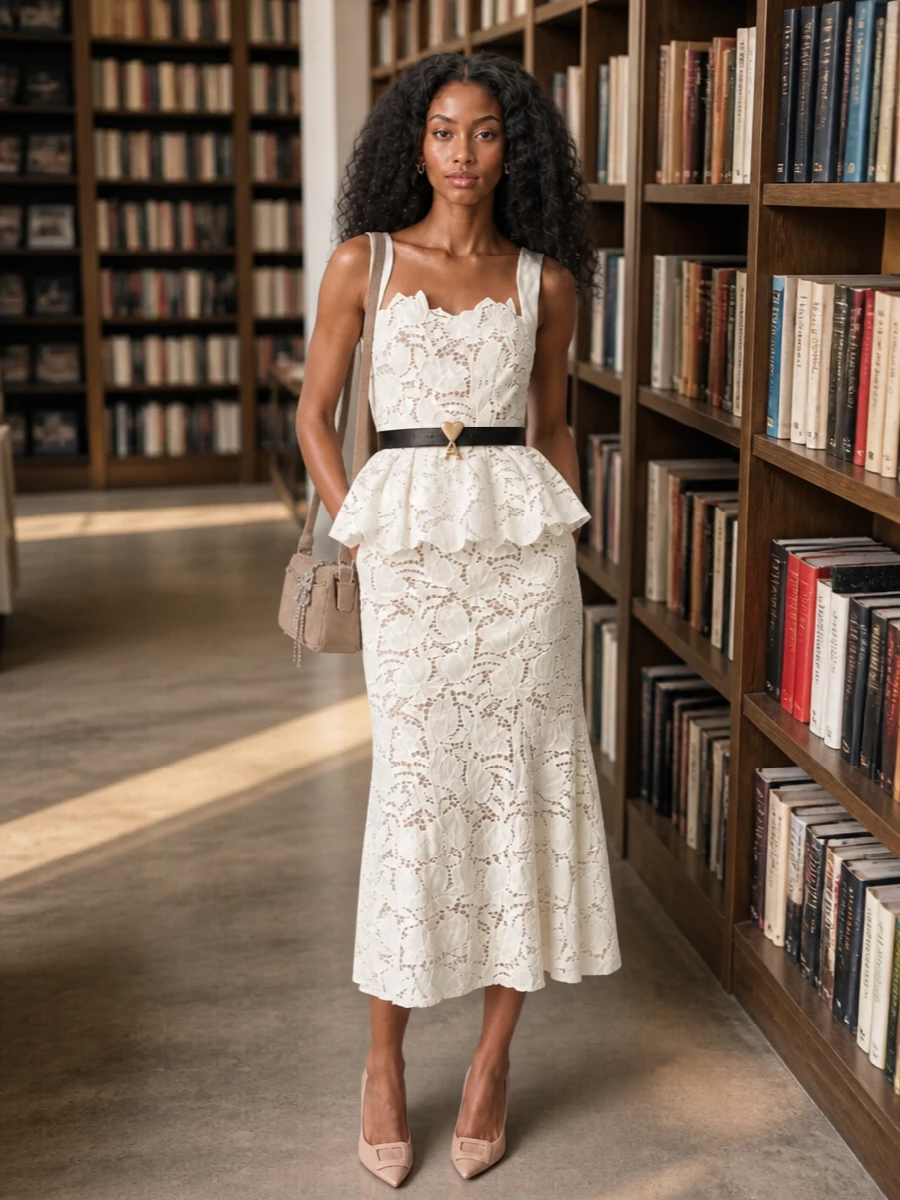 Self portrait lace midi dress nude pumps